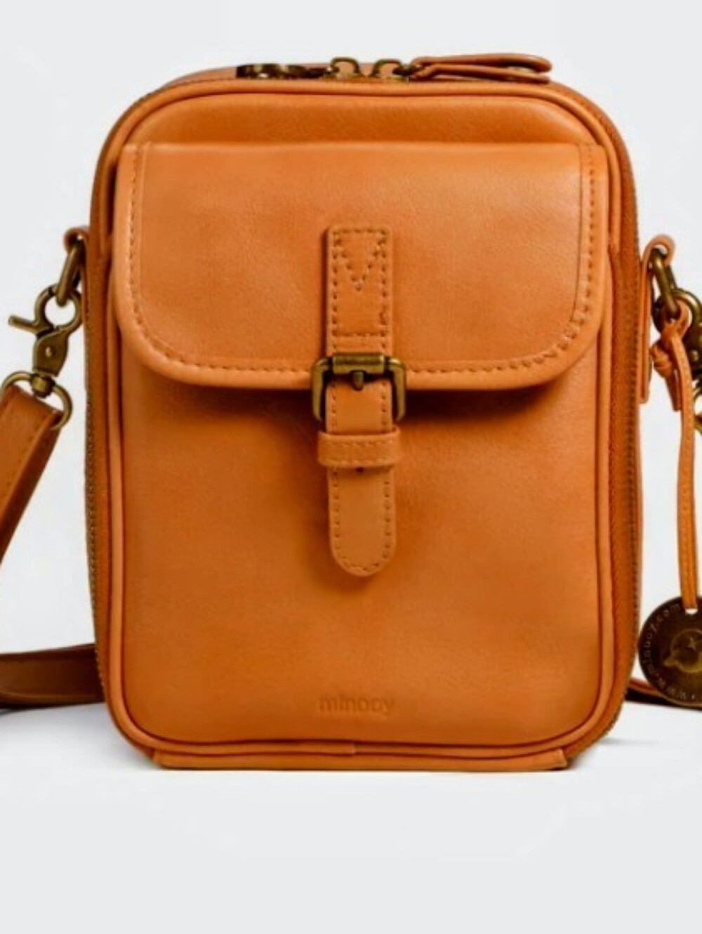 Minoxi Tan Leather Compact Crossbody Bag